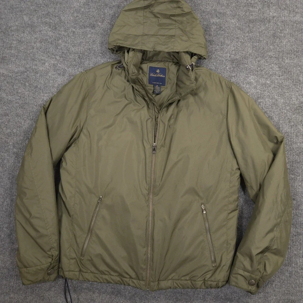 Brooks Brothers Bomber Jacket Mens M Green Lined Insulated Stowaway Hood Pockets